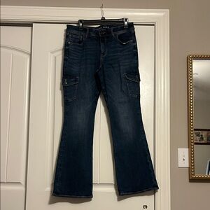 American Eagle Outfitters Dark Blue Low-Rise Flare Cargo Jeans
